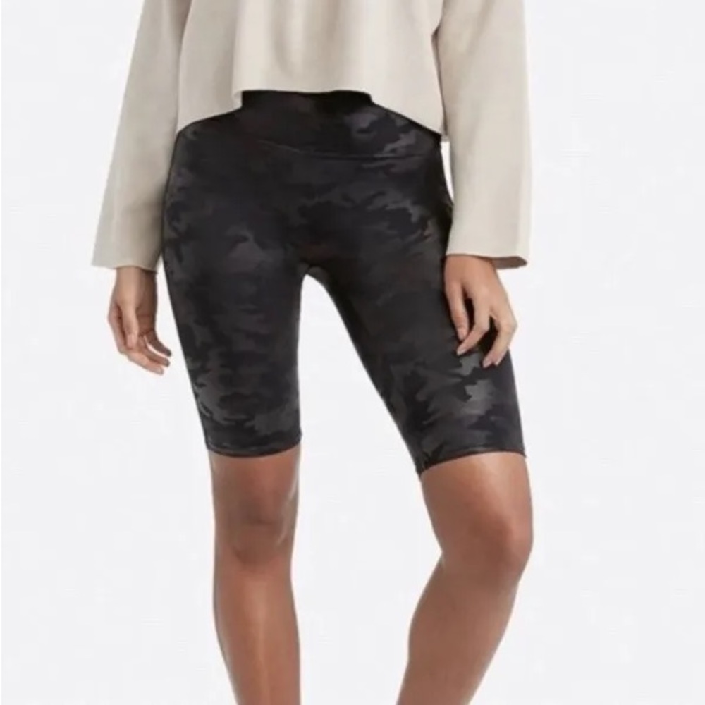 SPANX Faux Leather Matte Black Camo Print Bike Shorts